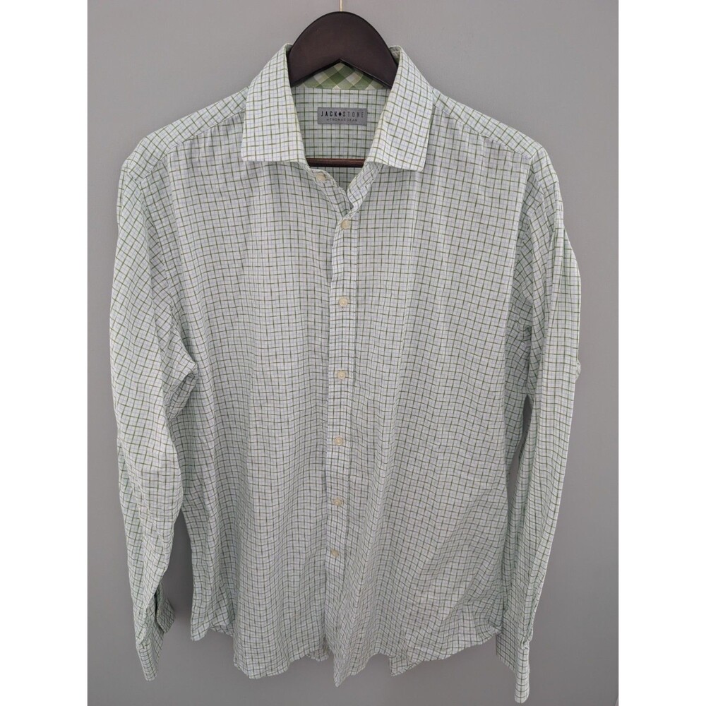 Jack Stone by Thomas Dean Dress Shirt Men's Size XL Green Plaid Patterned Cuff